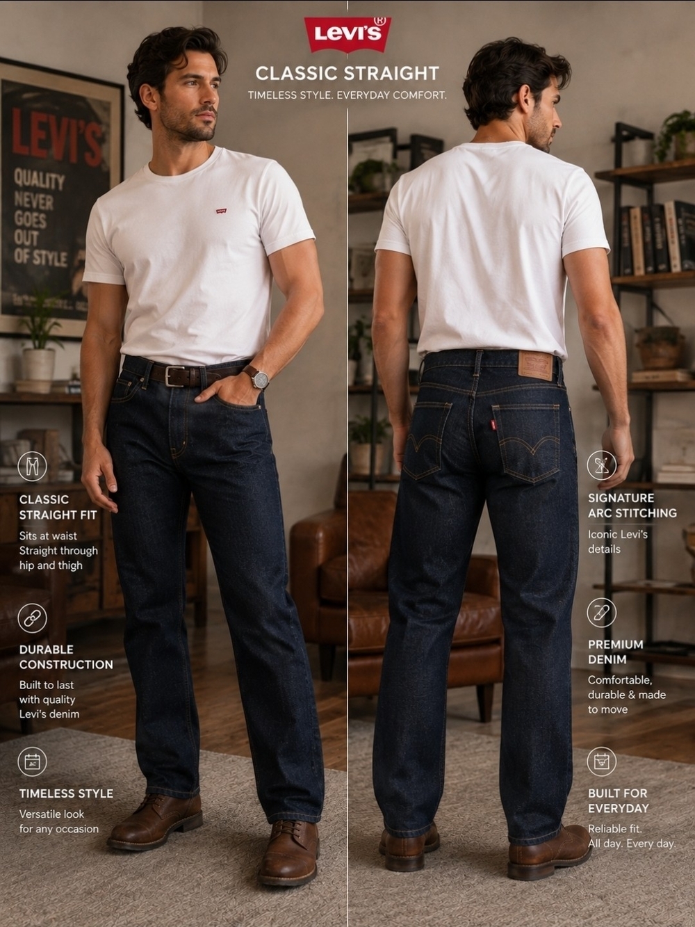 Men's Levi's 505 Regular Fit Straight Leg Jeans Dark Blue W34 L32 New